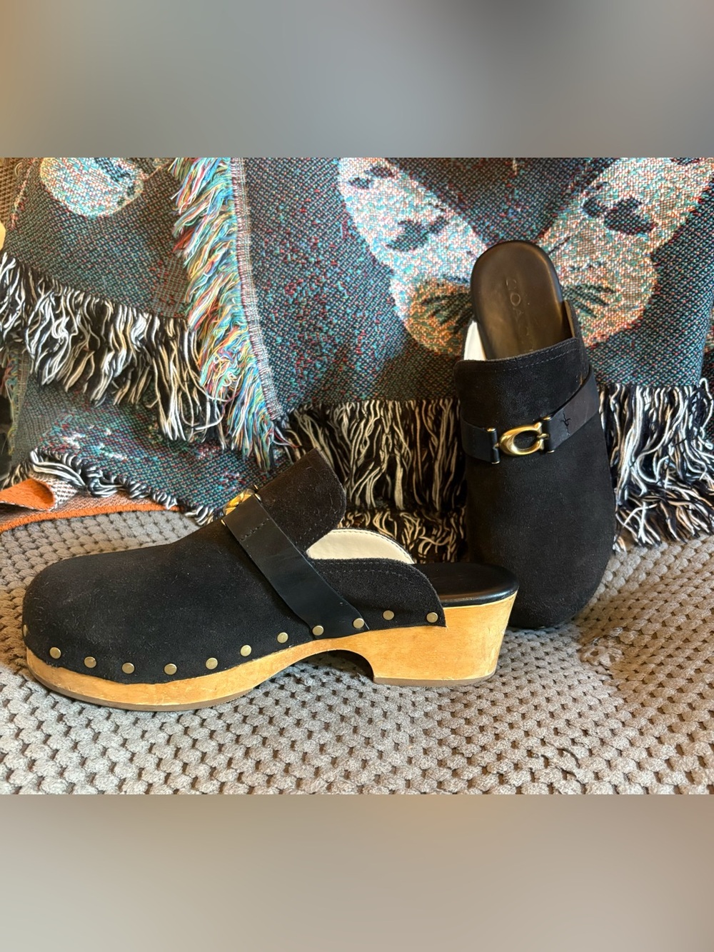 Coach Belted Finlay Clogs, Black Suede (SZ 9)